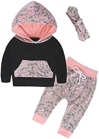 Angelchild Baby Girls Long Sleeve Flowers Hoodie Top and Pants Outfit Set With Kangaroo Pocket Black 90