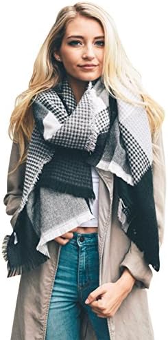 Leto Collection Soft Woven Cold Weather Plaid Houndstooth Waffle Knit Fringe Scarf Blanket Wrap (Black/Gray)