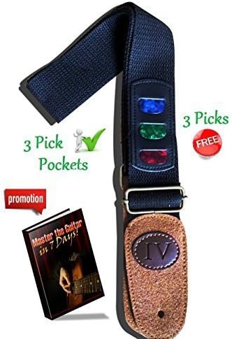 Cotton Guitar Strap with three Pick Pockets - three free Guitar Picks - bonus ebook Mastering Guitar