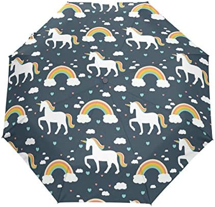 HappyCAT Cute Unicorn Animal Pattern Windproof Automatic Folding Travel Umbrella, Rainbow Clouds Star Childish for Kids Compact Auto Open and Close Umbrella with UV Protection 5020939