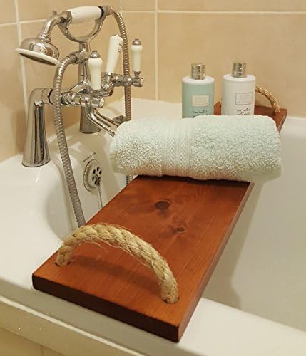 Borewood Solid Pine Wood BathTub Rack Bridge Bath Caddy Tray Wooden Handmade With Rope Handles Clawfoot Tub Wine Glass Shampoo Tablet Phone Book Magazine Holder (Brown)