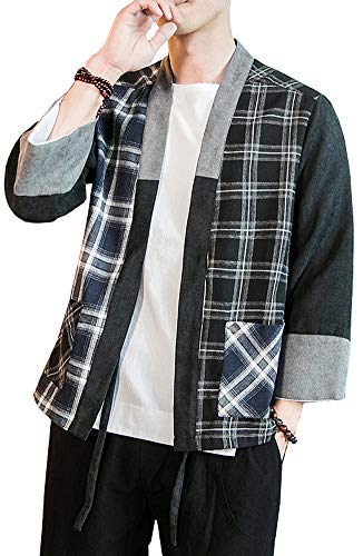 Hotmiss Men's Hipster Plaid Patchwork Linen Cloak Open Front Cardigan Kimono Jackets (Black Plaid, Medium) - Thumbnail 2