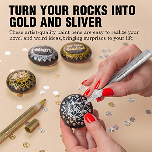 AVAVA Acrylic Paint Pens, 12 Pack (3 Black 3 White 3 Gold 3 Silver) 3mm Permanent Painting Markers DIY Craft for Rock Ceramic Glass Wood Plastic Canvas Fabric Mug, Quick Dry, High Volume Ink