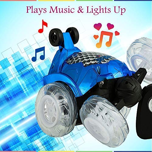 Dimple Blue RC Remote Controlled Stunt Car with 360 Front Wheels for Flipping, Spinning and Racing, Lights Up & Music - Thumbnail 2