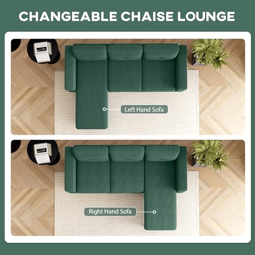 HOMCOM Sectional Sofa with Changeable Chaise Lounge, 3 Seat L-Shaped Sofa with Spring Cushion, Steel Frame, Corduroy Upholstered Couch for Living Room, Small Space, Dark Green