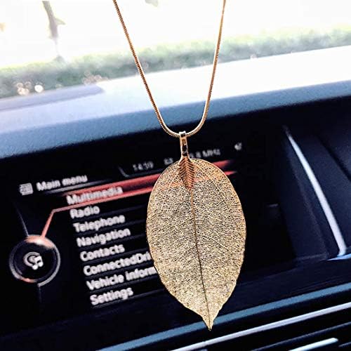 YGMONER Alloy Leaf Car Charm Rear View Mirror Pendant, Handmade Car Hanging Decor Ornament (Gold)