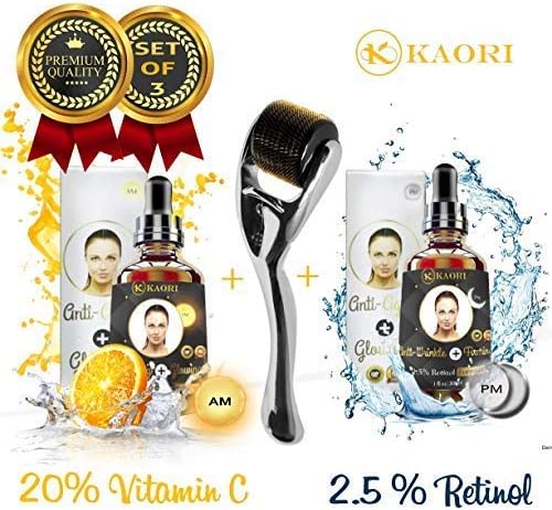 {SET OF 3} Derma Roller with Vitamin C Serum + Retinol Set |Anti-Aging Anti Wrinkle 540 Titanium 0.3 mm Microneedle +🌞 Hyaluronic Acid + ☽ Firming Advanced Retinol | Korean skincare bundle (3 Pcs)