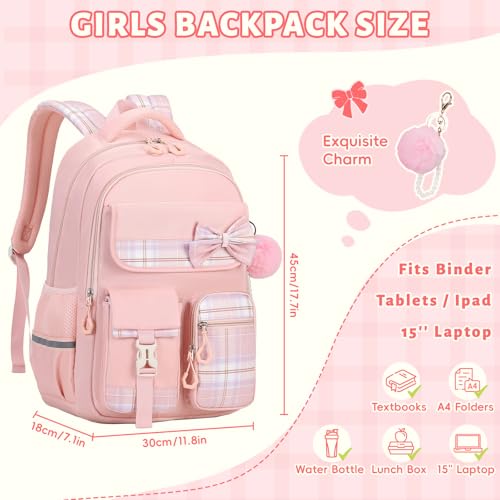 Tanou Girls Primary School Bag, Waterproof Daypack School Backpack for Teens, Kawaii Checked School Bag for Girls 9-16 Years Old for Travel