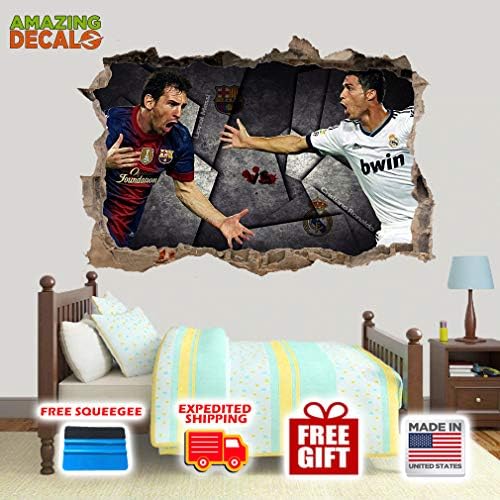 AMAZING DECALZ Leo Messi VS Cristiano Ronaldo Graphic Broken Wall 3D Sticker Decal Removable Mural Decor Art Wallpaper Baby Kids Children Nursery Living Room Peel & (Medium (Height 16.5"x 25" Wide))