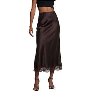 WDIRARA Women's High Waisted Lace Trim Satin Long Skirt A Line Flowy Slip Skirts