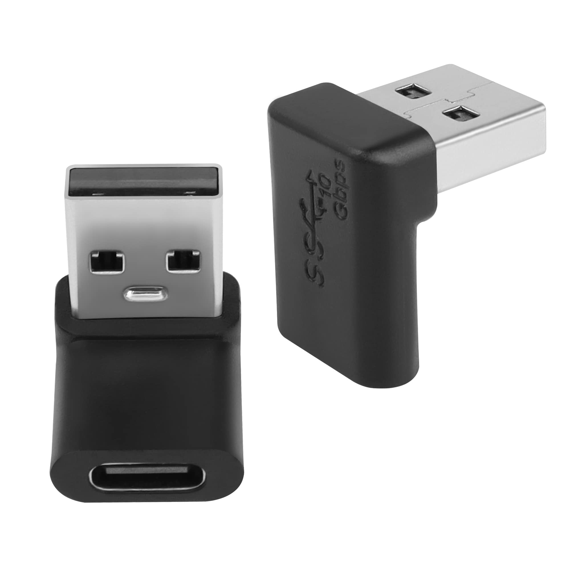 QIANRENON 10Gbps USB 3.1 to USB C 90° Angle Adapter USB A Male to USB C Female L-shaped Angle Connector, for OTG Data Transfer 3A Charging, for PC laptop Tablet,2Pcs (Positive Bend/Female up)