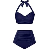 Holipick Women's High Waisted Bikini Set | Halter V-neck, Removable Pads, Ruched Tummy Control, Full Coverage, for Beach,Pool, and Vacation