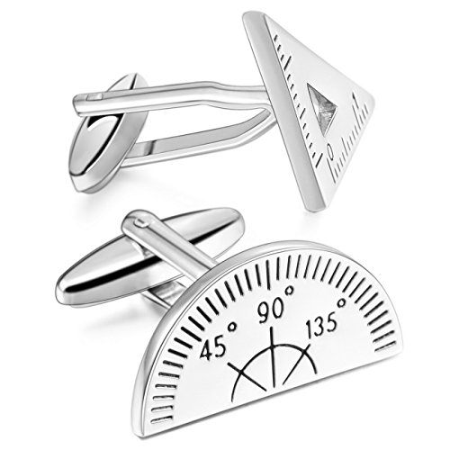 MOWOM Silver Tone 2PCS Rhodium Plated Cufflinks Protractor Ruler Shirt Wedding Business