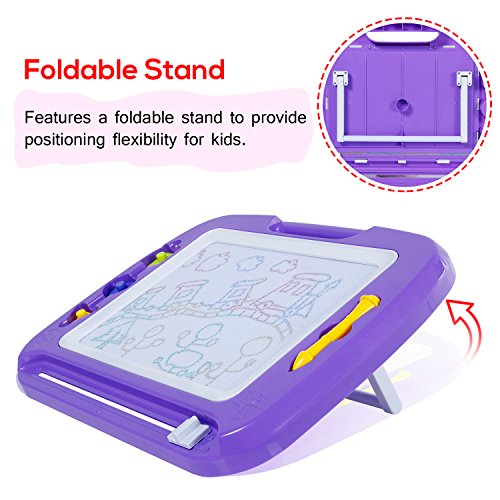 SGILE 16.3X12.8 Kids Magna Drawing Board Toy Foldable Stand Foothold 3 Stamps, Non-Toxic Magnetic Doodles Sketch Pad Painting Writing Toddlers Preschooler Learning Development, Purple