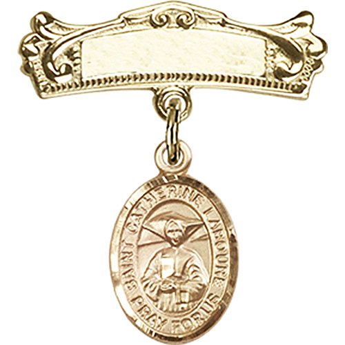 14kt Yellow Gold Baby Badge with St. Catherine Laboure Charm and Arched Polished Badge Pin 7/8 X 3/4 inches