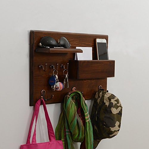 Woodymood Rustic Wall Organizer Shelf, Key Hooks, Coat Hooks, Mail pocket, W:19.5'' L:3.4'' H:12'' (Brown)