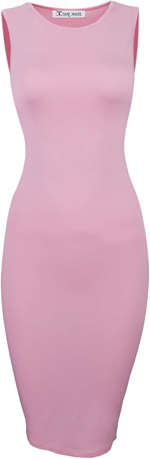 TAM WARE Women's Classic Slim Fit Scoop Neck Sleeveless Bodycon Midi Dress
