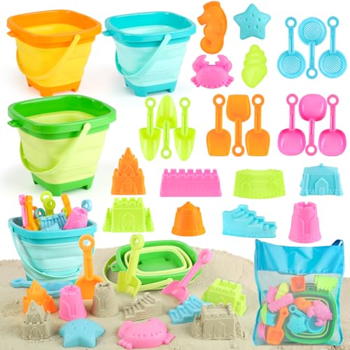 YIMORE Beach Games Children, 28 Pieces Sand Travel Toys with Folding Bucket Children, Sea Games for Children Boys Girls