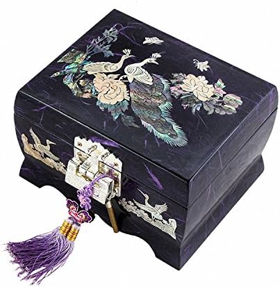 Mother of Pearl Peacock Design Music Purple Jewelry Mirror Case Gift Musical Box Case Organizer