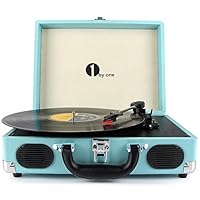 1byone Belt Driven 3 Speed Portable Stereo Turntable with Built In Speakers, Supports RCA Output, Headphone Jack, MP3, Mobile Phones Music Playback, Turquoise