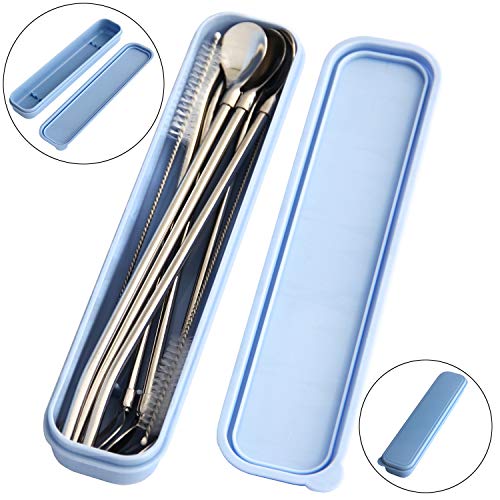 image for Pinowu Reusable Spoon Drink Straws Value Pack 6pcs with 2 Clean Brush 