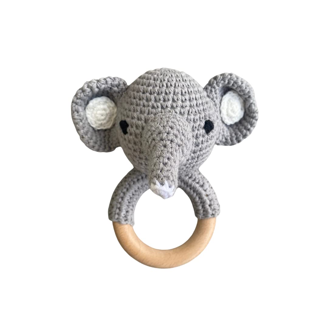 Baby J's - Elephant Rattle - Newborn Sensory Toys - Made from Natural Beach Wood and Soft Crochet Wool - Perfect for Little Hands to Hold - Suitable from 3 Months Old