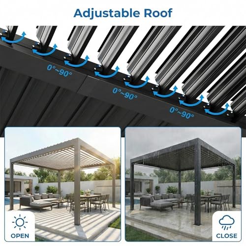 Louvered Pergola 10x20FT, Outdoor Aluminum Pergola with Adjustable Louvered Roof, Weather-Resistant Metal Pergola Shade Structure with Waterproof Curtains and Nets for Garden, Backyard, Poolside image 8
