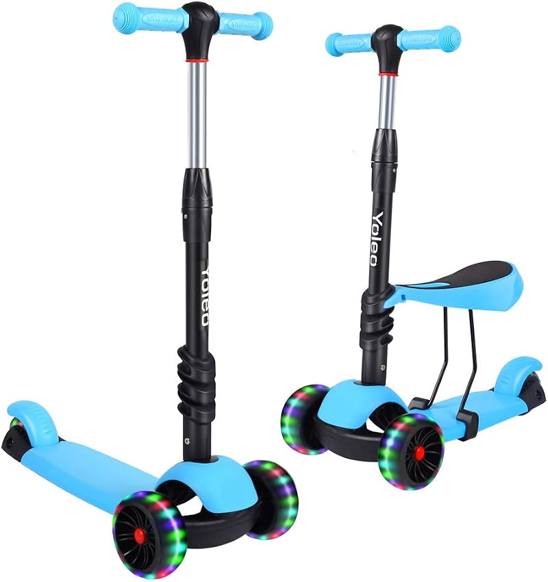 YOLEO 3-in-1 Children`s Scooter with Removable Seat LED Wheels Height Adjustable