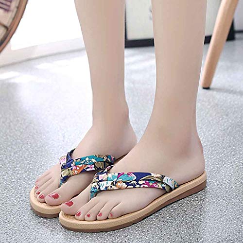 Beach Flip Flop for Women, Summer Floral Print Sandals Non-Slip Flat Sandals Sweet Flower Slippers Shoes (6 B(M) US, Blue)
