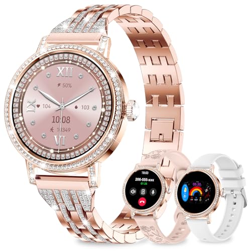 Fitoncloud Smart Watch for Women with Diamonds (Answer/Make Calls), 1.27" Display with Heart Rate/SpO2/Sleep Monitor, IP68 Waterproof Fitness Watch for Android & iPhone, 3 Bands, Rose Gold