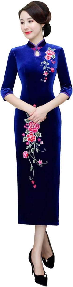 TBB Women's Ancient Cheongsam Velvet Flower Printing Chinese Evening Dress Qipao for Wedding for Girl