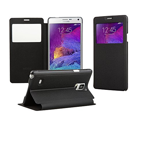 Samsung Galaxy Note 4 Cover, E-Trends(TM) Synthetic Leather Folio Case Stand View Design Black Color- Retail Packaging