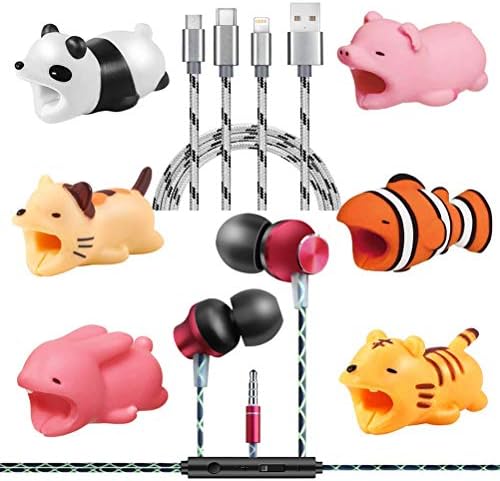 Cute Animal Bites Cable Protector 6 Pack+3 in 1 Charging Cable Multi Charging Charger Cable Short 1ft+in-Ear Wired HiFi Stereo Bass Earphones