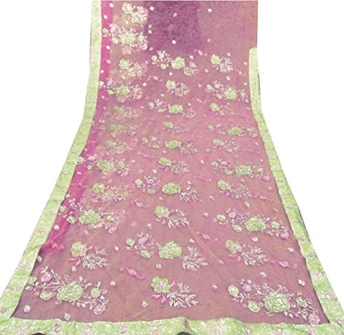 Indian Vintage Saree Hand Embroidered Net Crafted Material Used Pink Curtain Drape Women Wrap Sarong Dress 5YD Home Décor
