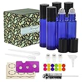 Glass Roller Bottles - 10ml, 6 Pack, Cobalt blue by Mavogel, Stainless Steel Roller Balls, Essential Oil Opener, Bottle Brush, Droppers, Funnel, and Labels Included