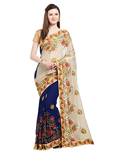 Viva N Diva Saree for Women s Blue & Beige Color Faux Georgette & Chiffon Half & Half Saree with Un-Stiched Blouse Piece,Free Size