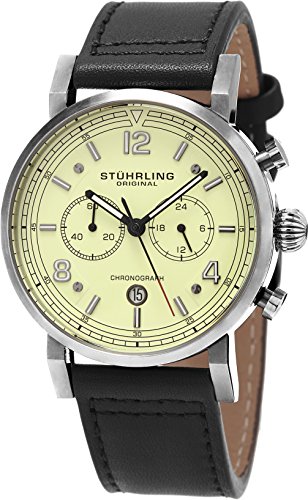 Stuhrling Original Men's 'Aviator' Quartz Stainless Steel and Leather Dress Watch, Color Black (Model: 583.02)