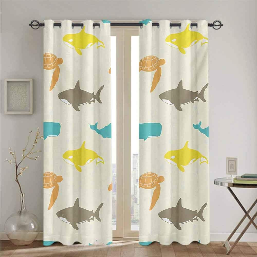 Sea Animals curtains rods for living room Pattern with Whale Shark and Turtle Aquarium Doodle Style Marine Life Thermal Insulated Blackout Patio Door Curtain Panel W84" x L84" Ivory Taupe Peach