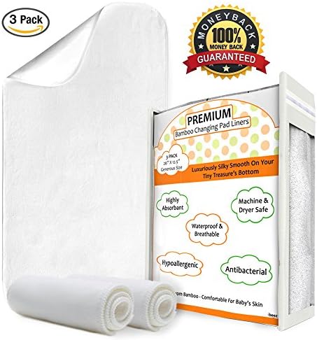 (3 Pack) Soft Bamboo Changing Pad Liners - Absorbent, Waterproof, Hypoallergenic, Antibacterial, Reusable, Machine Washable, Dryer friendly, Baby-Safe Liners for Changing Pads, by ibeez