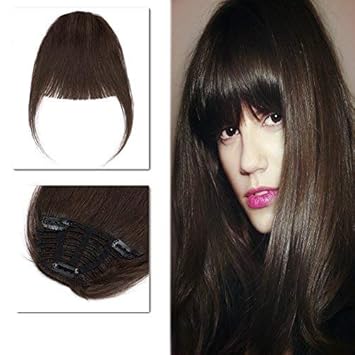Elailite Normal Dark Brown Clip In Human Hair Bangs With Temple