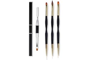 FULINJOY 4 in 1 Set, Dual-Ended Polygel Brush Picker Brush, 3 Pcs Nail Drawing Pen, Dual End Nail Art Pen Brush Acrylic Round Flat Painting Drawing Liner Nail Tools