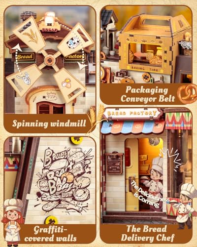 CUTEBEE 3D Holzpuzzle Bread Factory – Modellbau Holz Bausatz für Erwachsene mit LED, Musik & rotierenden Mechanismen, 576-teiliges Miniatur-Haus, Holzbausatz DIY, Bücherregal-Deko, Geschenkidee