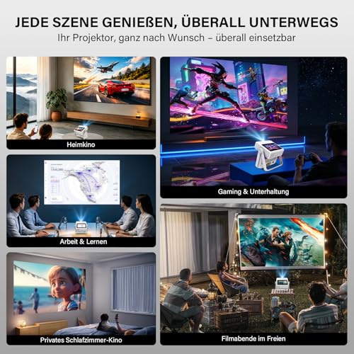 Proyector Inteligente Compatible 4K, Videoproyector Full HD 1080P con Pantalla Táctil, Doble Pantalla, 1200 ANSI, Enfoque Automático, WiFi 6 Bluetooth, 1000+ Apps, para Cine en Casa Dormitorio Camping