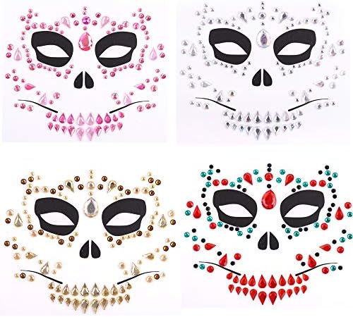 4 Pack Day Of The Dead Skull Temporary Rhinestone Face Tattoo,Face Stickers Gems Jewels for Halloween
