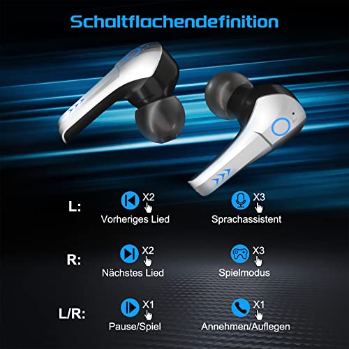 ENUOSUMA Bluetooth Kopfhörer In-Ear, Ohrhörer Kabellos mit Klarem Audio, ES22 Wireless Earbuds IPX5 5.0 Headset Noise Cancelling Headphones mit Mikrofon für Musik, Anruf, Spiel und Sport, Silber