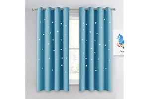 NICETOWN Kids Room Darkening Curtains 63 - Sky Wonder Hollow Star Cut Out Functional Drape Child Curtains for Bedroom/Living Room/Studio/Baby Room, 52 inches Width, Teal Blue=Light Blue, 1 Piece