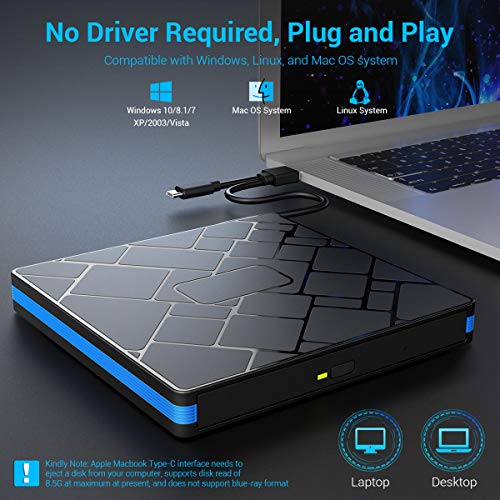 Optical Drive Portable CD DVD Ultra-Thin USB 3.0 External Mobile Optical Drive Notebook DVD RW DVD CD for MacBook Laptop Type C Port CD Driver