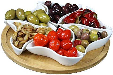 Elama Signature Modern 10.75 Inch 7pc Lazy Susan Appetizer and Condiment Server Set with 6 Unique Design Serving Dishes and a Bamboo Lazy Suzan Serving Tray