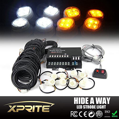 Xprite 160W 8 LED Bulbs Hide-A-Way Emergency Hazard Warning Strobe Lights – White & Yellow/Amber