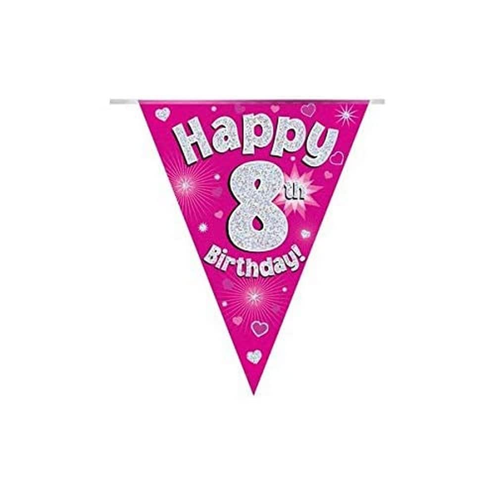 Party Bunting Happy 8th Birthday Pink Holographic 11 flags 3.9m